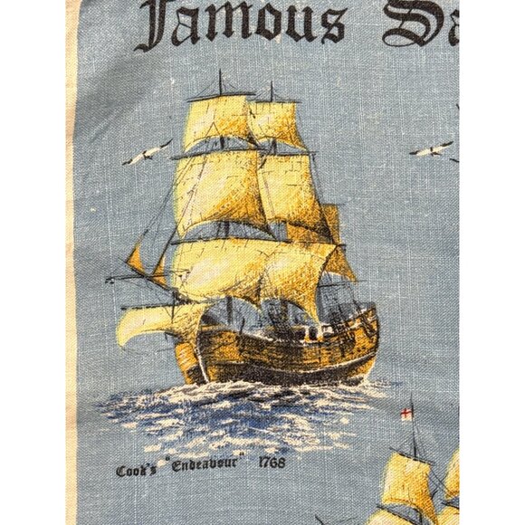 Vintage All Pure Linen MADE IN IRELAND Famous Sailing Ships Columbus Mayflower - Picture 2 of 5
